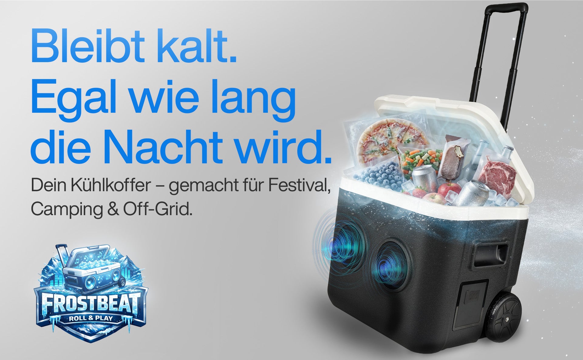 FrostBeat Roll & Play – Bluetooth Kühlbox 52L mit Trolley-Griff & Rollen