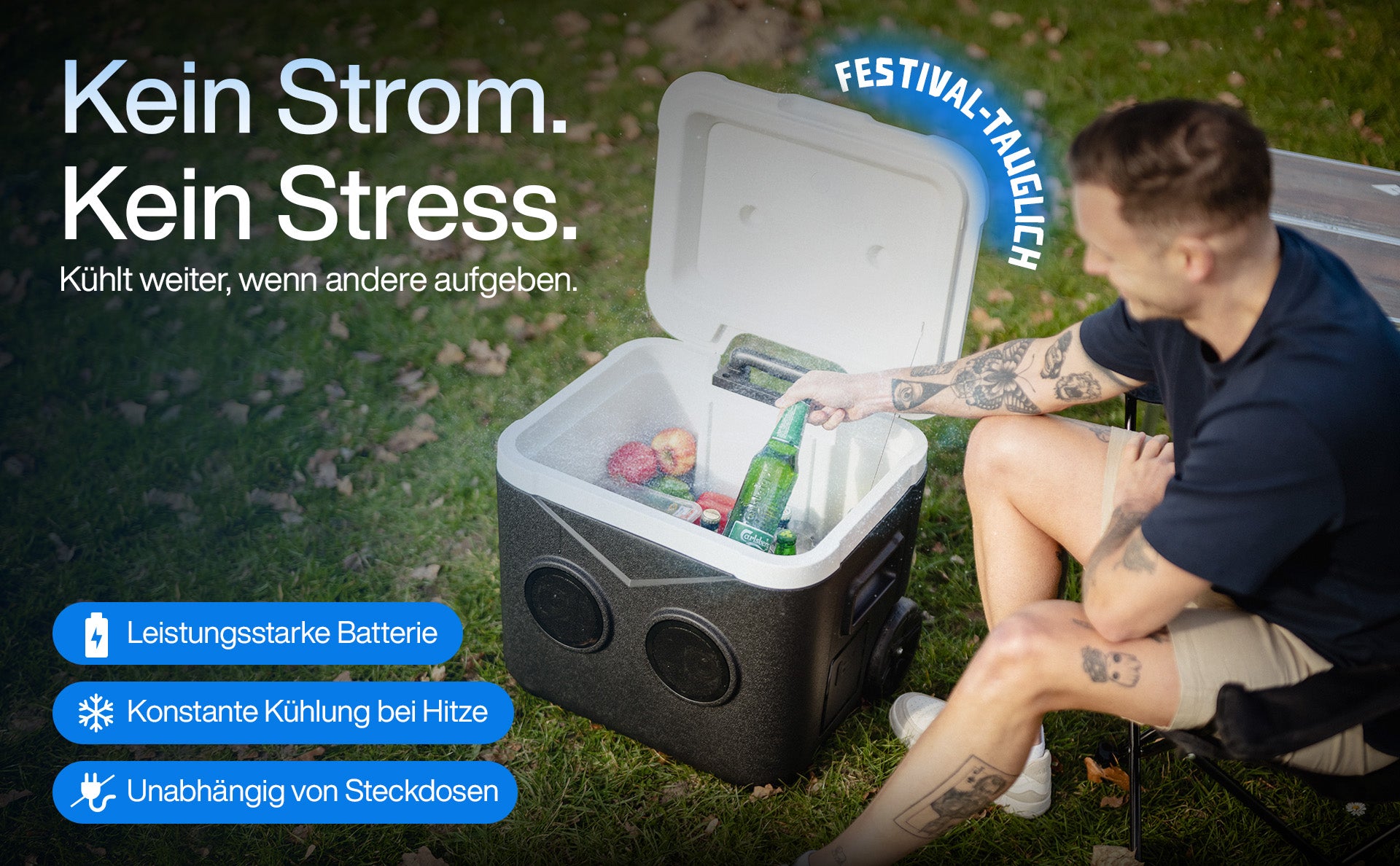FrostBeat Roll & Play – Bluetooth Kühlbox 52L mit Trolley-Griff & Rollen