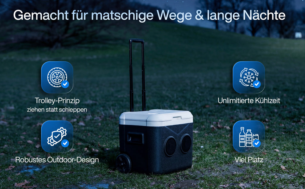 FrostBeat Roll & Play – Bluetooth Kühlbox 52L mit Trolley-Griff & Rollen