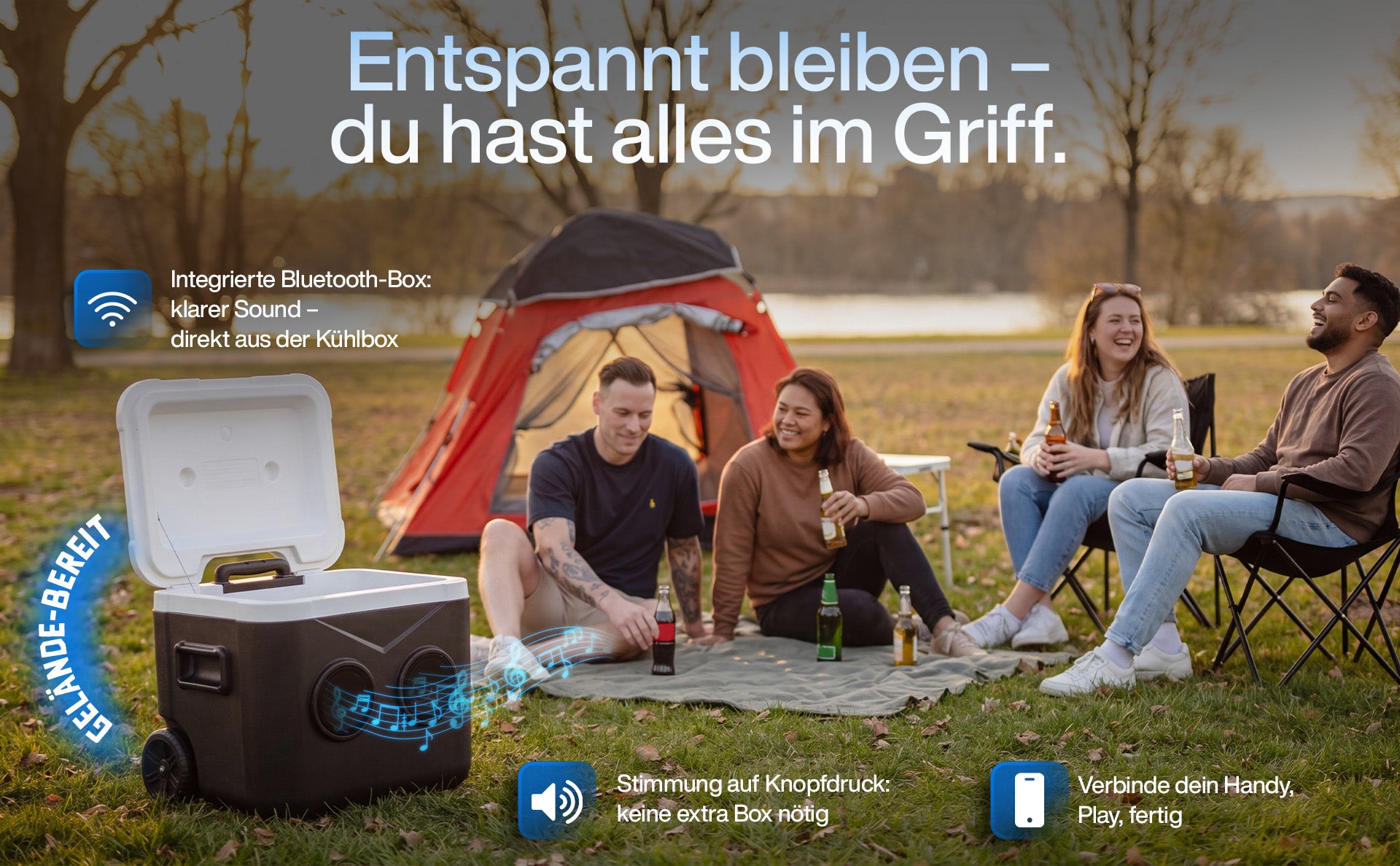 FrostBeat Roll & Play – Bluetooth Kühlbox 52L mit Trolley-Griff & Rollen