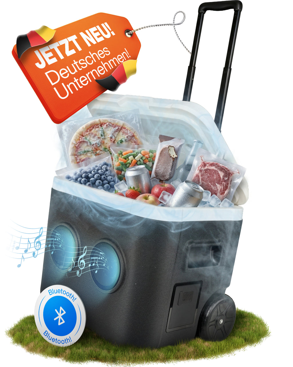 FrostBeat Roll & Play – Bluetooth Kühlbox 52L mit Trolley-Griff & Rollen
