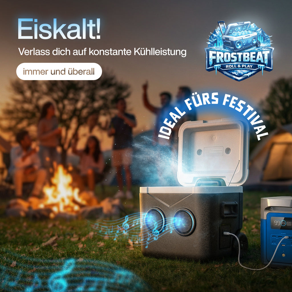 FrostBeat Roll & Play – Bluetooth Kühlbox 52L mit Trolley-Griff & Rollen