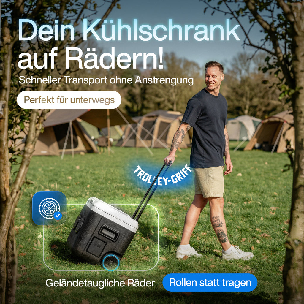 FrostBeat Roll & Play – Bluetooth Kühlbox 52L mit Trolley-Griff & Rollen