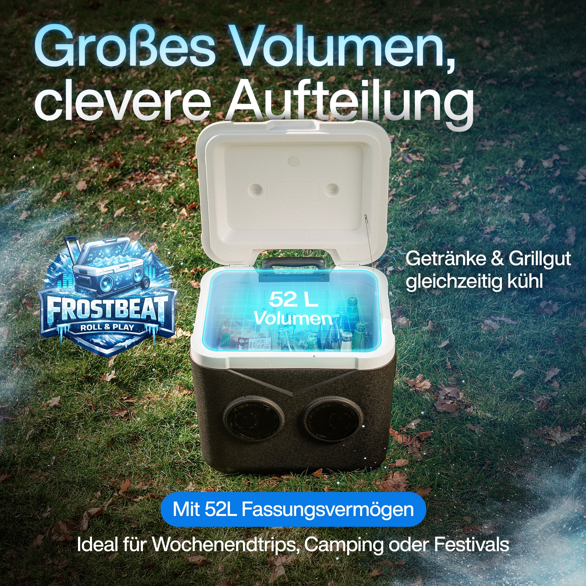 FrostBeat Roll & Play – Bluetooth Kühlbox 52L mit Trolley-Griff & Rollen