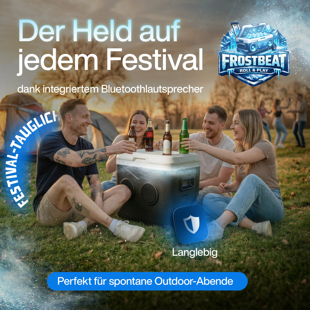 FrostBeat Roll & Play – Bluetooth Kühlbox 52L mit Trolley-Griff & Rollen