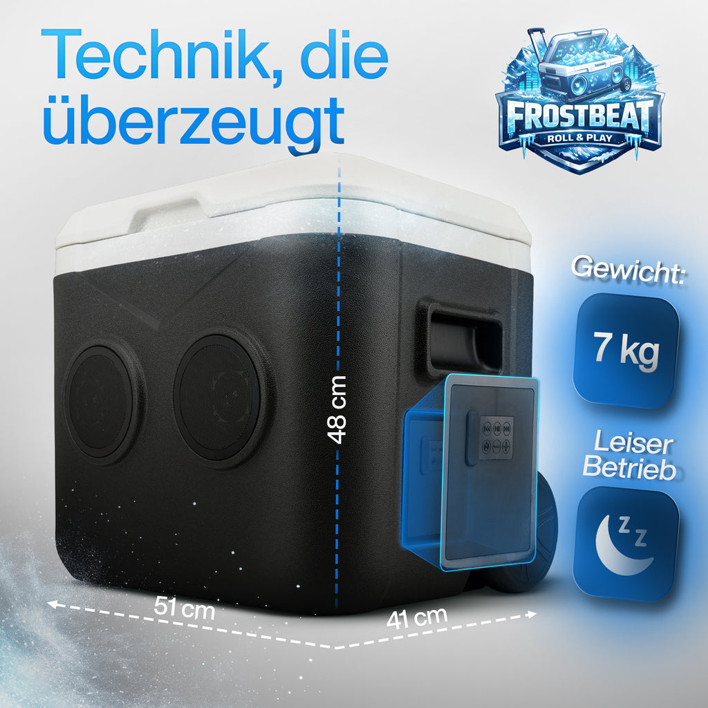 FrostBeat Roll & Play – Bluetooth Kühlbox 52L mit Trolley-Griff & Rollen
